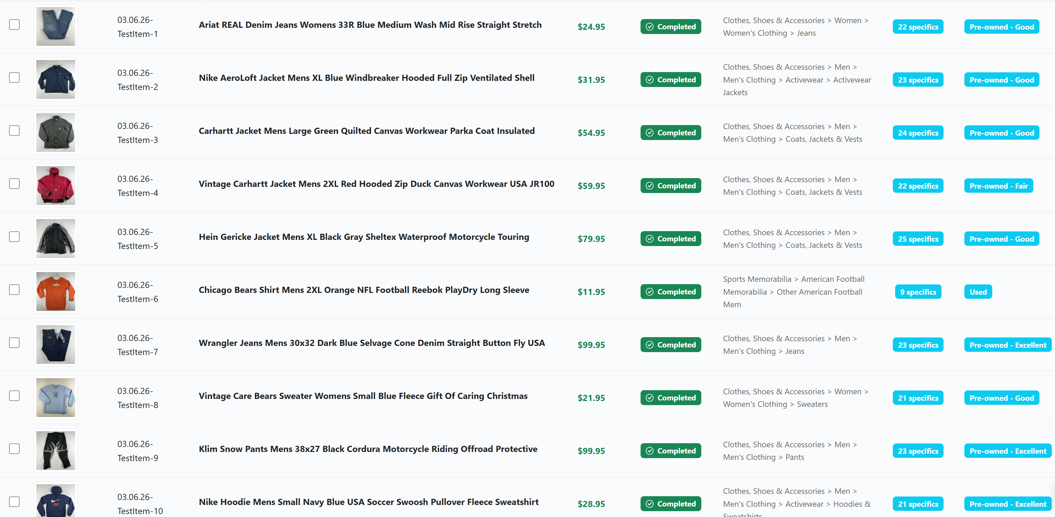 Spadeberry generate listings view showing 10 completed listings with titles, prices, categories, and item specifics