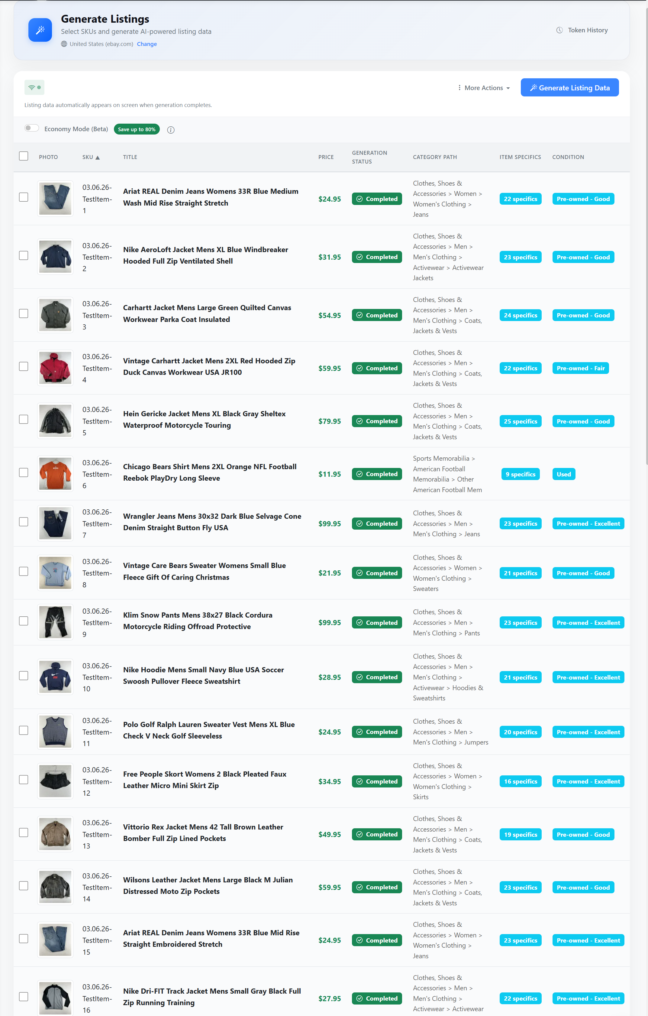 Generate listings screen showing 16 completed listings with Economy Mode toggle