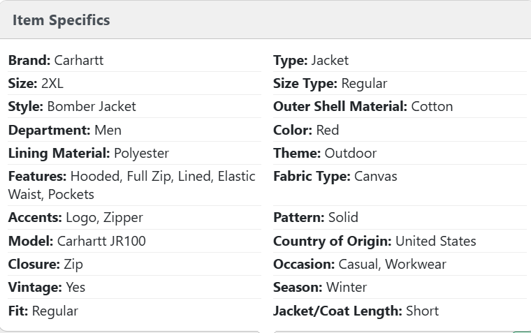 Carhartt vintage jacket listing with 22 AI-generated item specifics