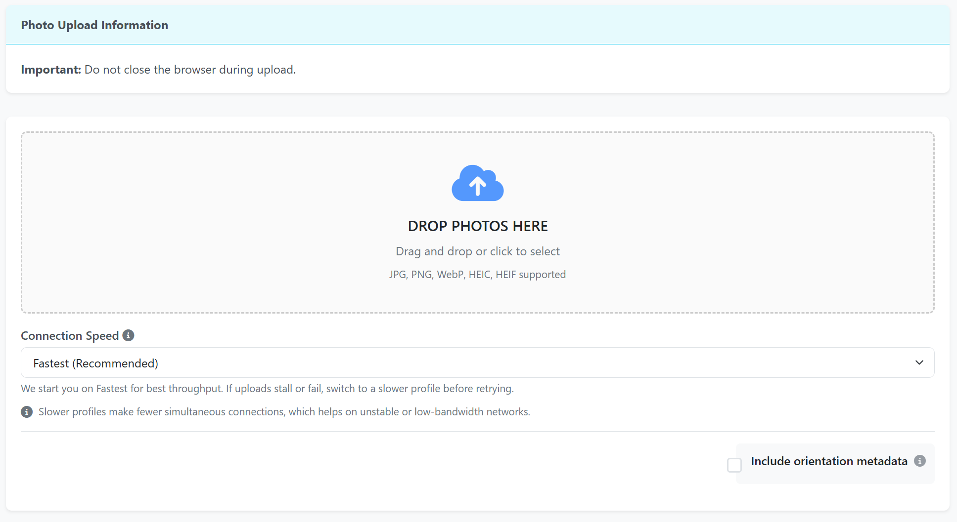 Upload photos screen with drag-and-drop interface and SKU assignment